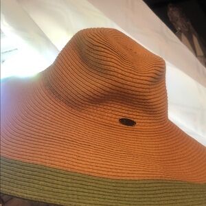 Woman’s tan spring summer Papillon floppy Blanc Straw Hat with Bright Green Trim